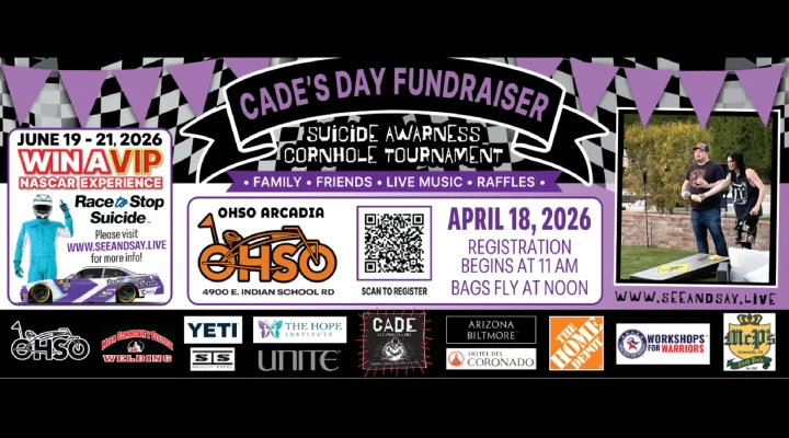 Promotional flyer for the Cade's Day Suicide Awareness Cornhole Tournament at OHSO Arcadia.
